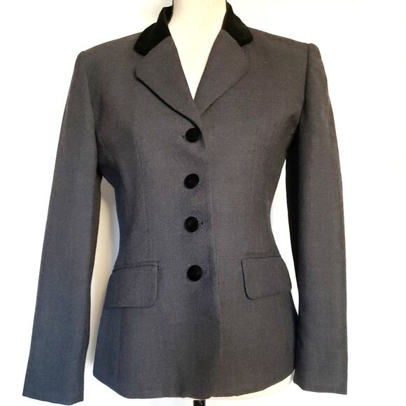 Rena Rowan Saville Wool Blazer Size 4 Velvet Collar Gray 4 Button Hour Glass - Picture 1 of 8